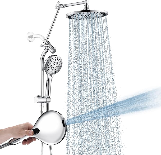 BRIGHT SHOWERS Rain Shower Head with Handheld Spray, High Pressure Dual Shower Head Combo, Adjustable Extension Arm & Slide Bar, 9 Spray Modes Built-in Power Wash, 3-Way Diverter, 69" Hose, Chrome