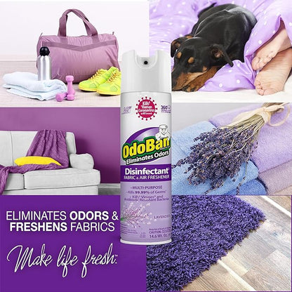 OdoBan Ready-to-Use Disinfectant and Harsh Aroma Eliminator, Cleaner and Fabric/Air Freshener, Set of 2, 14.6 Ounce 360-Degree Continuous Spray and 32 Ounce Trigger Spray, Lavender Scent