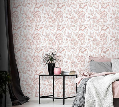 Timeet Pink Floral Wallpaper Peel and Stick Wall Paper Modern for Bedroom Bathroom Removable Self Adhesive Contact Paper 17 in x 78.7 in