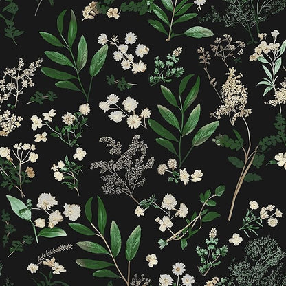 Laatse Dark Floral Wallpaper Peel and Stick Green Leaf Wallpaper Vintage Flowers Contact Paper Waterproof Self Adhesive Boho Delicate Wall Paper for Cabinet Kitchen Walls Locker 17.5in x9.8ft