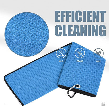 Mile High Life Tri-fold Golf Towel | 16" X 24" | Premium Microfiber Fabric | Waffle Pattern | with Heavy Duty Carabiner Clip | for Men and Women (2 Pack Blue)