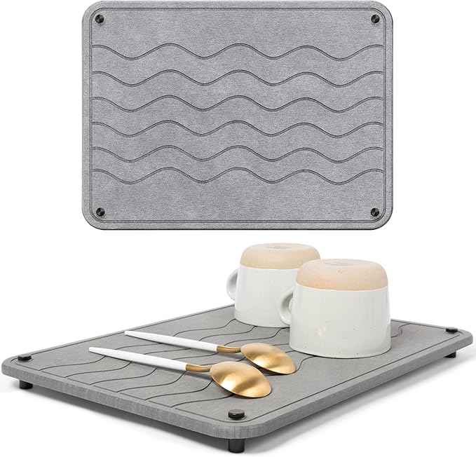 Spaceneat Diatomite Stone Drying Mat for Kitchen Counter - Rapid Moisture Removal - 15.7" x 11.8" Large Dish Drying Stone for Kitchen Sink - Diatomaceous Earth Quick Dry Dish Mat - Gray Waves