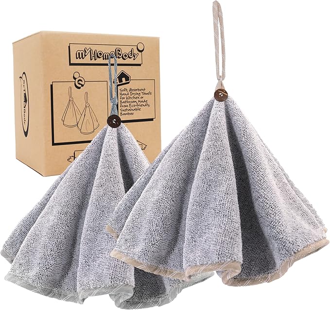 myHomeBody Hand Towels with Hanging Loops, Absorbent Charcoal Fiber Cleaning Clothes with Coconut Shell Button for Kitchen, Round Shape, Set of 2, Grey