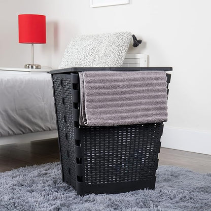 Mind Reader 61L Foldable Laundry Hamper, Clothes Basket, Lid, Wicker Design, Plastic, 18"L x 14.5"W x 21.25"H, Black