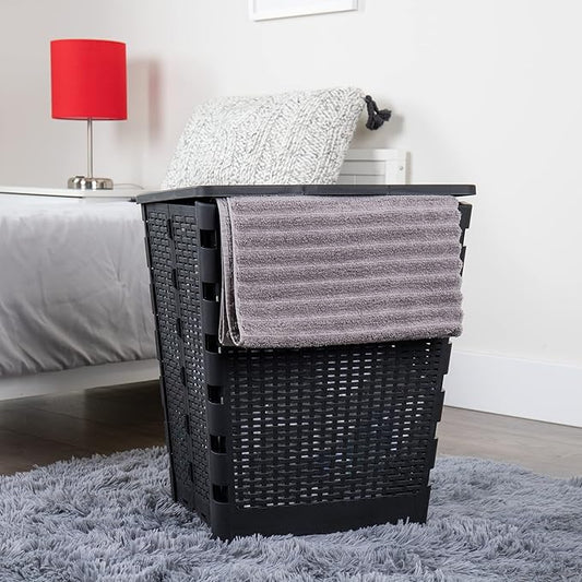 Mind Reader 61L Foldable Laundry Hamper, Clothes Basket, Lid, Wicker Design, Plastic, 18"L x 14.5"W x 21.25"H, Black