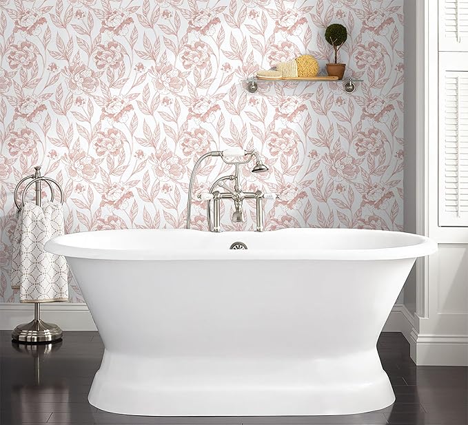 Timeet Floral Wallpaper Peel and Stick White and Pink Self Adhesive Wall Paper Removable Decorative Wallpaper for Bedroom livingroom Decor 17In × 197In