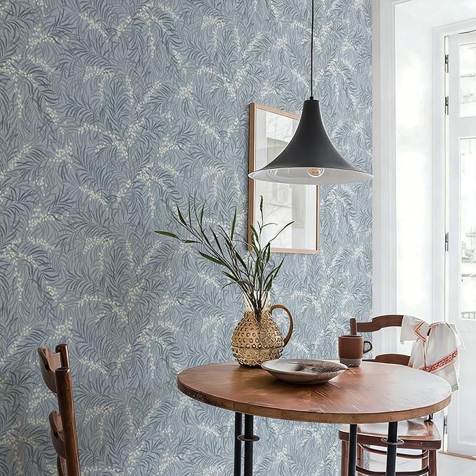 Ismoon Vintage Wallpaper Peel and Stick Dusty Blue Botanical Wallpaper 17.3in x6.56ft Leaf Removable Waterproof Blue/White Contact Paper for Bedroom Kitchen Renter Friendly Wall Decor Vinyl