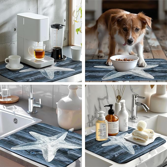 Summer Starfish Dish Drying Mat for Kitchen Counter Navy Blue Microfiber Absorbent Dish Drainer Rack Mats Coastal Ocean Themed Kitchen Sink Dishes Pad 18 X 24 Inch