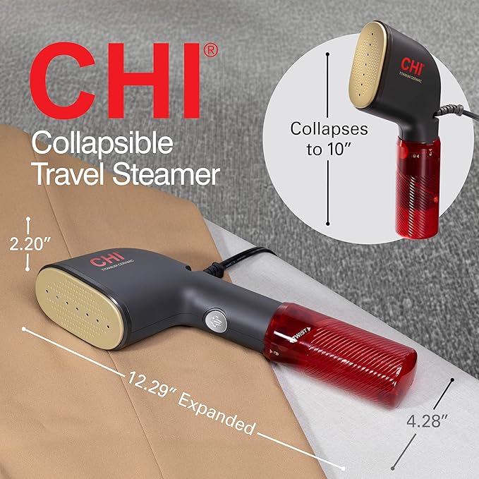 CHI Collapsible Travel 2-in-1 Handheld Garment Steamer & Steam Iron for Clothes, Large 120 ml Water Tank For up to 6 Minutes of Use, Collapses for Compact Storage, Fast Heatup, 10’ Cord, Black (11611)
