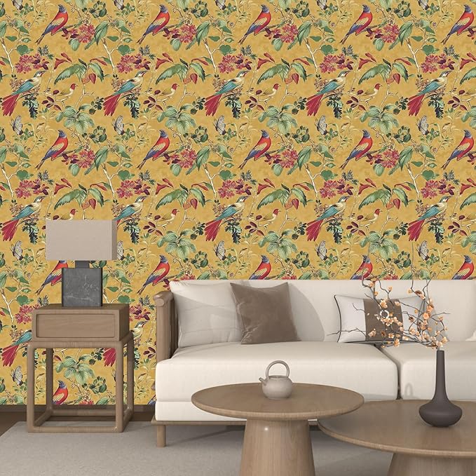 Vintage Floral Bird Wallpaper Peel and Stick,Boho Yellow Contact Paper, Retro Botanical Wall Paper Self Adhesive Removable Waterproof for Bedroom Walls Shelves Cabinet Table Decoration 17.5in x 393in