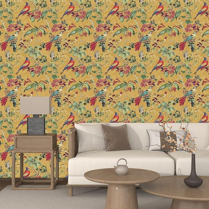 Vintage Floral Bird Wallpaper Peel and Stick,Boho Yellow Contact Paper, Retro Botanical Wall Paper Self Adhesive Removable Waterproof for Bedroom Walls Shelves Cabinet Table Decoration 17.5in x 393in