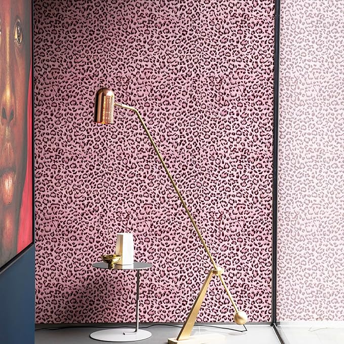 Leopard Print Peel and Stick Wallpaper, Waterproof Removable Self Adhesive Textured Wall Paper, Black and Pink Unique Funky Cheetah Contact Paper for Bedroom and Bathroom 120"X17.3"(14.4 sq. ft)