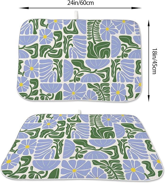 Boho Floral Drying Mat 18x24 Inches For Kitchen Counter Absorbent Spring Summer Abstract Blue Green Flower Kitchen Drying Mat Pad For Home Kitchen,Dining Room,Office Decoration