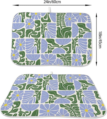Boho Floral Drying Mat 18x24 Inches For Kitchen Counter Absorbent Spring Summer Abstract Blue Green Flower Kitchen Drying Mat Pad For Home Kitchen,Dining Room,Office Decoration