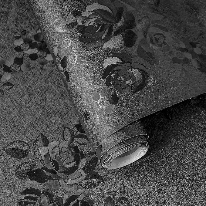 Black Peel and Stick Wallpaper 787.4inL17.3inW Silk Embossed Floral Contact Paper for Cabinets Drawer Furniture Textured Flower Removable Wallpaper for Kitchen Bathroom Waterproof