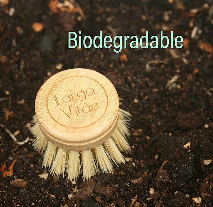 Wooden Dish Brush Made of Renewable Bamboo Wood and Natural Bristle Tampico Fiber, includes 5 Replacement Brush Heads, Durable, Long Lasting, All Purpose Kitchen Scrubber