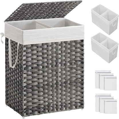SONGMICS Laundry Hamper with Lid, 90L Clothes Hamper with 2 Removable Liner Bags, 6 Mesh Bags, Wicker Laundry Basket, Double Laundry Hamper for Bathroom, 13 x 18.1 x 23.6 Inches, Gray ULCB251G01V1