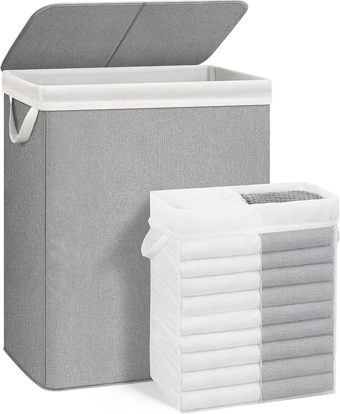 STORAGE MANIAC Double Laundry Hamper with Lid, 140L Tall Metal Frame Laundry Baskets with Removeable Bag, Large Clothes Hamper with PU Tag, Laundry Bin for Dorm, Collage, Bathroom, Bedroom, Gray