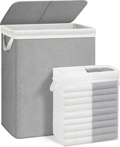 STORAGE MANIAC Double Laundry Hamper with Lid, 140L Tall Metal Frame Laundry Baskets with Removeable Bag, Large Clothes Hamper with PU Tag, Laundry Bin for Dorm, Collage, Bathroom, Bedroom, Gray