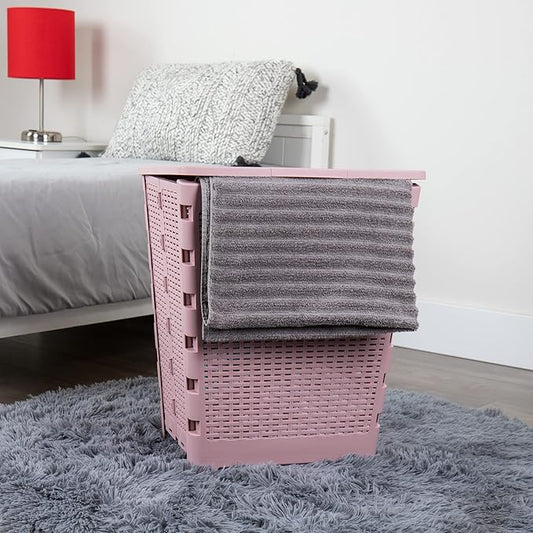 Mind Reader 61L Foldable Laundry Hamper, Clothes Basket, Lid, Wicker Design, Plastic, 18"L x 14.5"W x 21.25"H, Pink