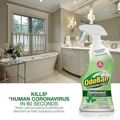 OdoBan Ready-to-Use Disinfectant and Odor Eliminator, Cleaner and Fabric/Air Freshener, Set of 2, 14.6 Ounce 360-Degree Continuous Spray and 32 Ounce Trigger Spray, Original Eucalyptus Scent