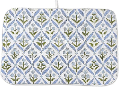 Boho Dish Drying Mat 18x24 Inches For Kitchen Counter Block Print Blue Floral Kitchen Decoration Drying Mat Modern Decorative Flower Drying Pad Mat for Home Kitchen Decor,Dining Room,Office