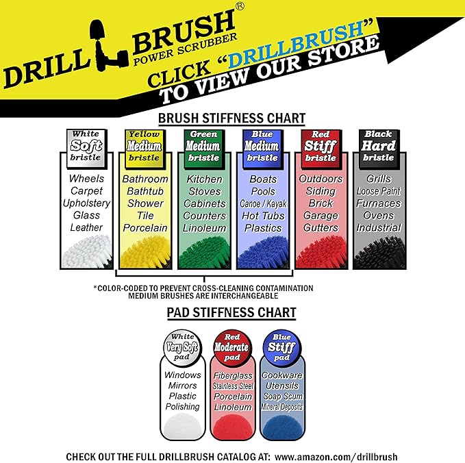 Drill Brush - Cleaning Supplies - Indoor - Bathroom Accessories - Tile - Grout Cleaner - Shower Cleaner - Bathtub - Bath Mat - Scrub Brush - Porcelain - Outdoor - Garden - Patio - Deck Brush - Granite
