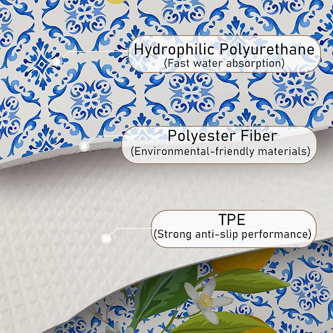 Blue and White Floral Lemon Dish Drying Mat, Mediterranean Tiles Coffee Bar Mat for Countertops, Lemons Absorbent Dish Drying Mats for Kitchen Counter Coffee Maker, 16x24 Inch