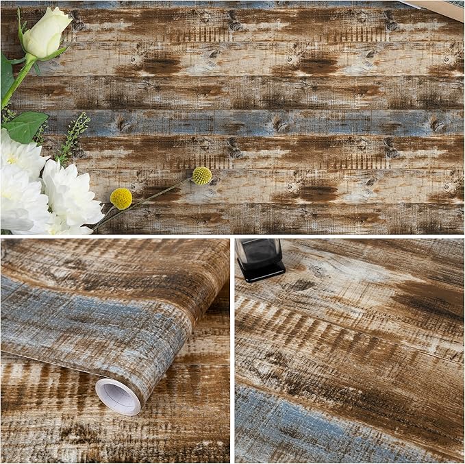 LXCREAT Faux Wood Butcher Block Contact Paper, Shiplap Peel and Stick Wallpaper Wooden Planks for Walls 17.5"X118", Natural Brown Self Adhesive Removable Rustic Wallpaper for Shelf Kitchen Decoration