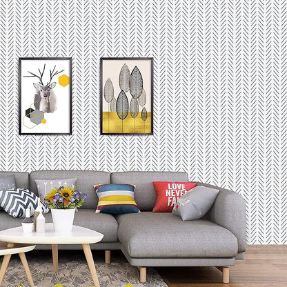 Orainege Black and White Peel and Stick Wallpaper Modern Herringbone Contact Paper for Bathroom 17.7in x 590.5in Geometric Self Adhesive Wallpaper Removable Wall Paper Peel and Stick