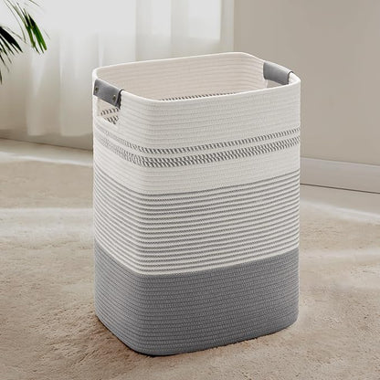 75L Tall Laundry Hamper with Handles for Living Room Storage, Large Woven Rope Baskets Bin for Blanket, Kids Toy, Gifts, Wicker Hamper for Bedroom Dirty Clothes, 16"x13"x22" White Grey