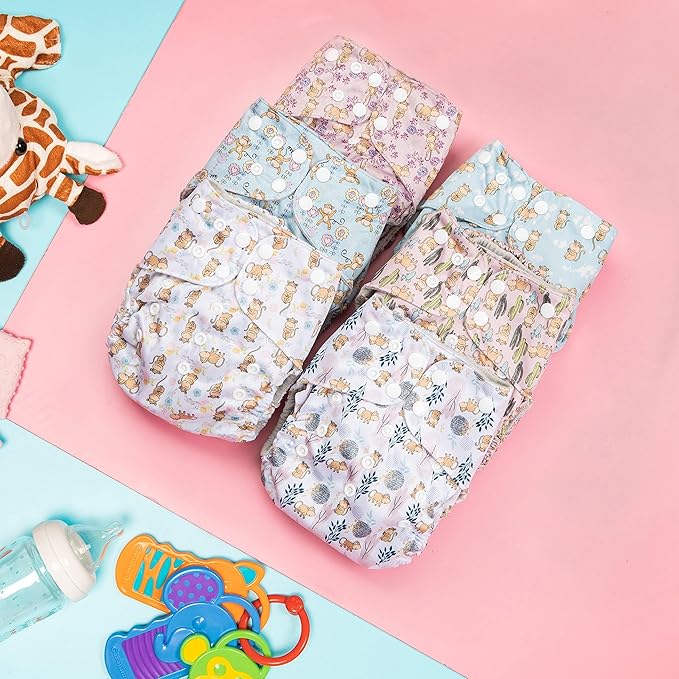 Simple Being Reusable Cloth Diapers, Double Gusset, One Size Adjustable, Washable Soft Absorbent, Waterproof Cover, Eco-Friendly Unisex Baby Girl Boy, six 4-Layers Microfiber Inserts (Monkey)