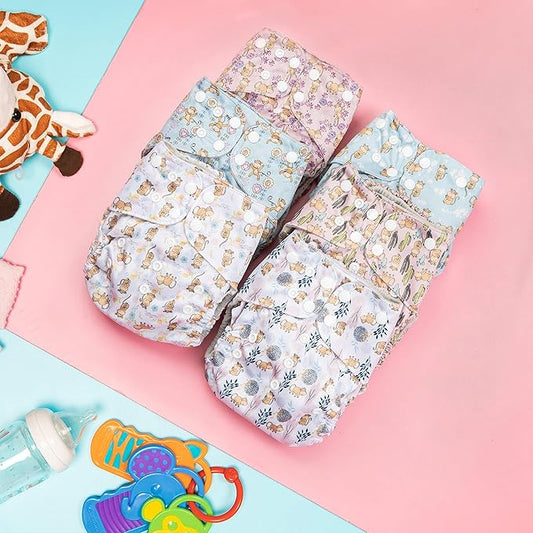 Simple Being Reusable Cloth Diapers, Double Gusset, One Size Adjustable, Washable Soft Absorbent, Waterproof Cover, Eco-Friendly Unisex Baby Girl Boy, six 4-Layers Microfiber Inserts (Monkey)