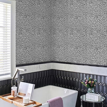 Leopard Print Peel and Stick Wallpaper, Waterproof Removable Self Adhesive Textured Wall Paper, Black and White Unique Funky Cheetah Contact Paper for Bedroom and Bathroom 480"X17.3"(57.6 sq. ft)