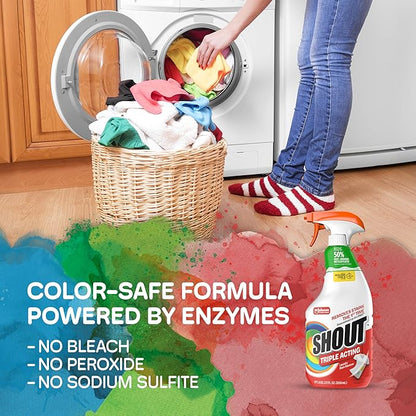 Shout Active Enzyme Laundry Stain Remover Spray, Triple-Acting Formula Clings, Penetrates, and Lifts 100+ Types of Everyday Stains - Prewash Spray 22oz