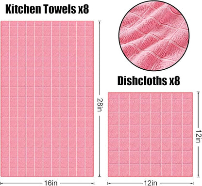 Homaxy Microfiber Kitchen Towels and Dishcloths Set, 20 Pack Soft and Absorbent Dish Hand Towels Bulk, 28 x 16 Inch & 12 x 12 Inch Quick Drying Rags for Washing Dishes, Pink