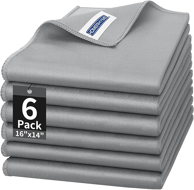 HOMERHYME Microfiber Cleaning Cloth - 6 Pack Glasses Cleaning Cloth, 16" x 14" Window Cleaning Rags, Streak Free Lint Free Polishing Cloths Wipes for Eye Glass, Stainless Steel, Windshield, Grey