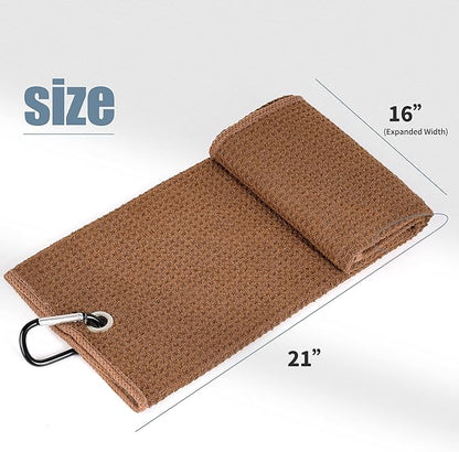 Mile High Life Tri-fold Golf Towel | 16" X 24" | Premium Microfiber Fabric | Waffle Pattern | with Heavy Duty Carabiner Clip | for Men and Women (Brown)