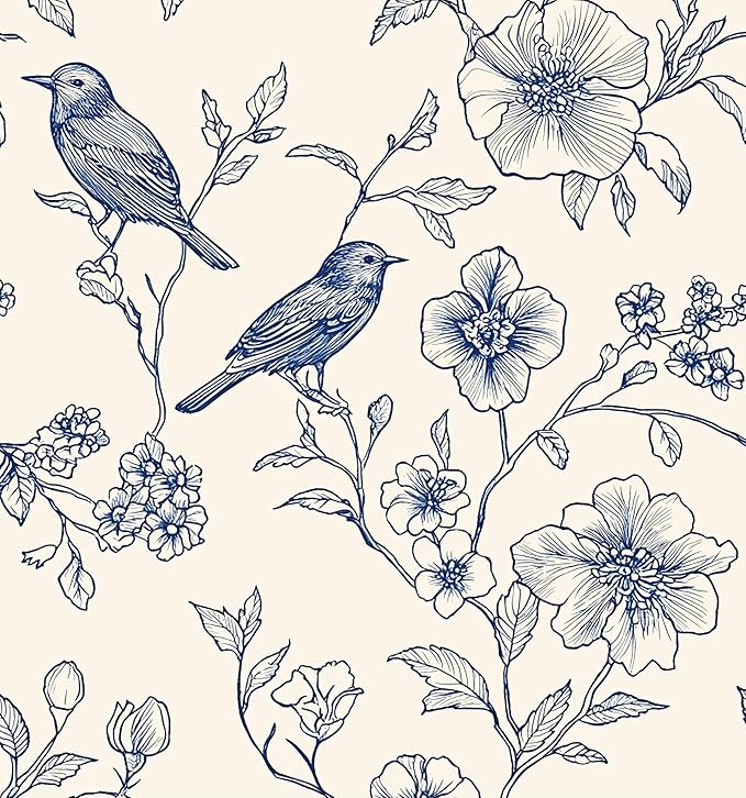 Beige Wallpaper Peel and Stick Blue Floral Bird Vintage Contact Paper 17.5" x 393" Boho Animal Self Adhesive Waterproof Removable for Bathroom Shelves Cabinet Drawer Table Decor Renter Friendly