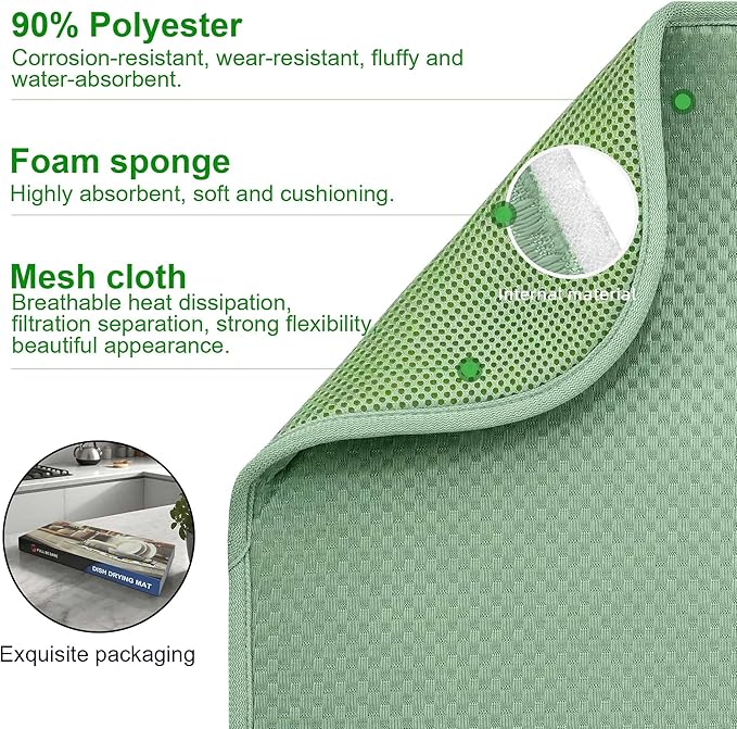 2 Packs Dish Drying Mats for Kitchen Counter, Drying Matt Kitchen Counter, Sage Green Kitchen Dish Drying Mat & Dish Dryer Mat for Drying Dishes, 20 x 15 inches (Green)