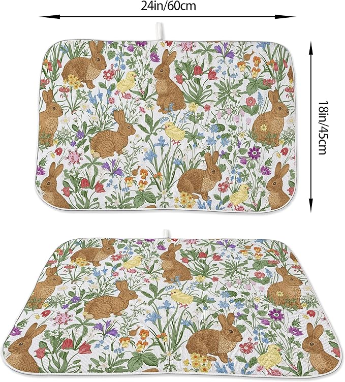 Spring Dish Drying Mat 18x24 Inches For Kitchen Counter Absorbent Brown Rabbit Floral Kitchen Easter Bunny Flower Drying Mat Pad For Home Kitchen,Dining Room,Office Decoration