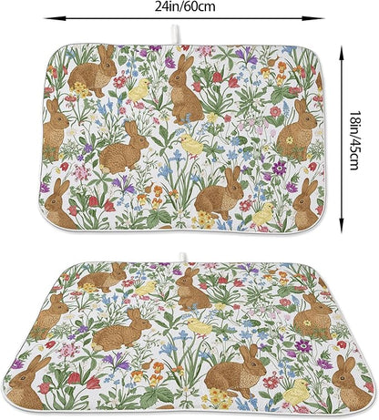 Spring Dish Drying Mat 18x24 Inches For Kitchen Counter Absorbent Brown Rabbit Floral Kitchen Easter Bunny Flower Drying Mat Pad For Home Kitchen,Dining Room,Office Decoration