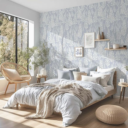 Ismoon Floral Peel and Stick Wallpaper Boho Blue Contact Paper 17.3'' x 78.7'' Neutral Wallpaper Renter Friendly Removable Self-Adhesive Wall Paper for Bedroom Kitchen Wall Decor Vinyl