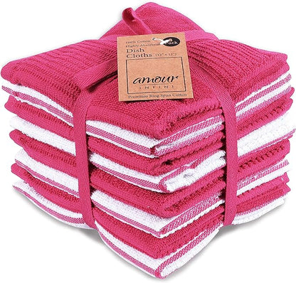 AMOUR INFINI Dish Cloths for Washing Dishes Set of 8 - Highly Absorbent, Super Soft Kitchen Dishcloths - Reusable Quick Dry Dish Rags for Cleaning & Drying Kitchen Linens (12x12 Inch - Pink)
