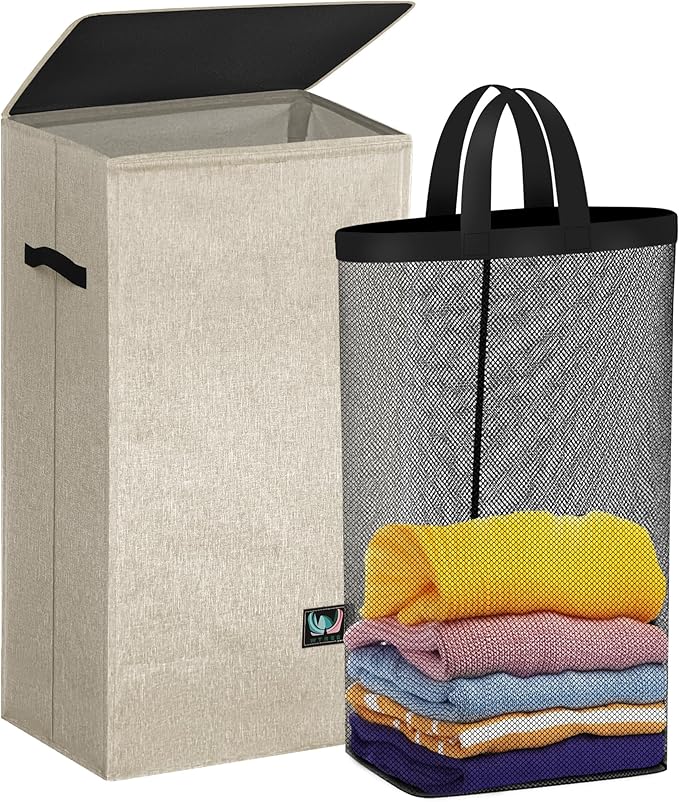 Laundry Hamper with Lid, Reinforced Sturdy Clothes Hamper with Anti-Puncture Base, Large Collapsible Laundry Basket with Removable Liner Bag, Tall Dirty Clothes Bin for Family, 100L Beige