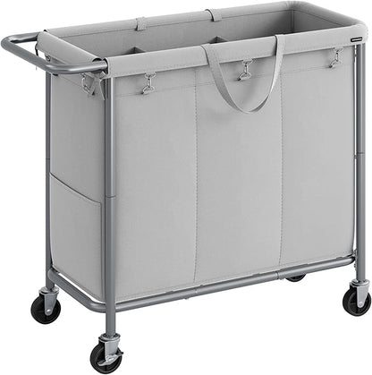SONGMICS Laundry Basket with Wheels, 3-Section Rolling Laundry Hamper, 52.8 Gallons (200 L), Removable Liner, Steel Frame with Handle, 35.8 x 15.4 x 31.9 Inches, Dove Gray URLS005G01