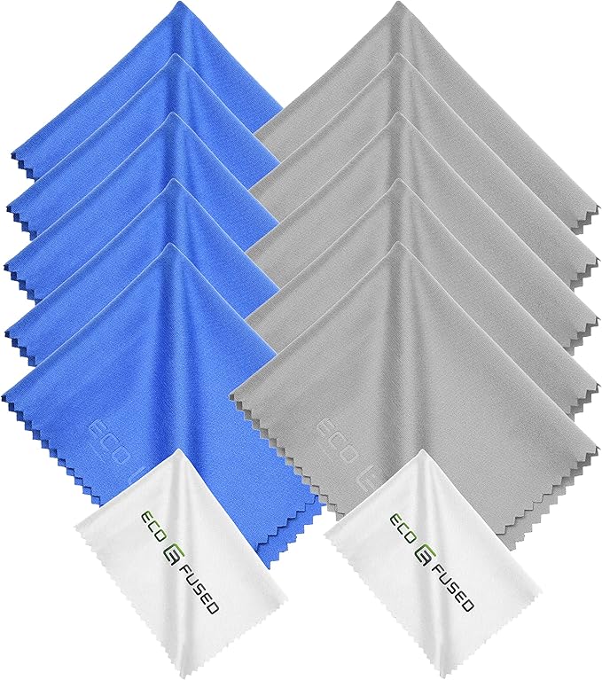 Eco-Fused Microfiber Cleaning Cloths - 10 Colorful Cloths and 2 White Cloths - Ideal for Cleaning Glasses, Spectacles, Camera Lenses, iPad, Tablets, Phones, LCD Screens (Blue/Grey)