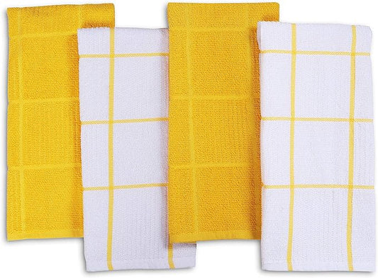 AMOUR INFINI Kitchen Towels Pack of 4 Absorbent, Quick Drying Premium Terry Cotton Dish Towel with Hanging Loop 16x28 Inch Hand & Tea Towels (Yellow)