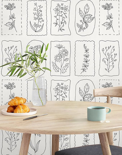 Guvana Peel and Stick Wallpaper Black and White Floral Farmhouse Removable Wallpaper for Bedroom Renter Friendly 16.14"×196" Modern Geometric Contact Paper