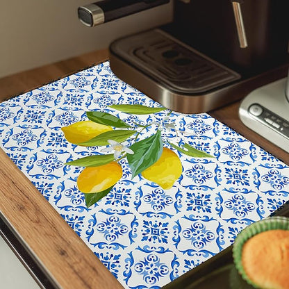 Blue and White Floral Lemon Dish Drying Mat, Mediterranean Tiles Coffee Bar Mat for Countertops, Lemons Absorbent Dish Drying Mats for Kitchen Counter Coffee Maker, 16x24 Inch